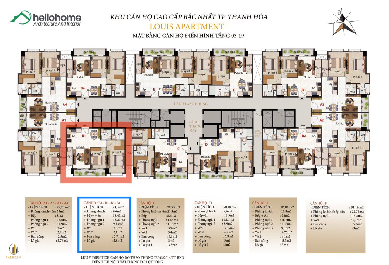 Mặt bằng tầng điển hình căn hộ Louis Apartment Tower 52-83m² các loại căn